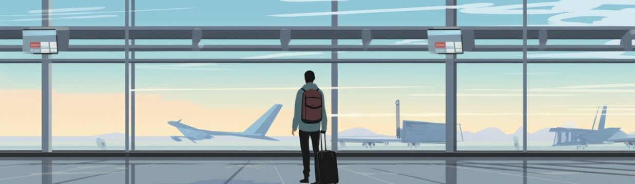 Airport terminal interior with passenger and airplane. 2d illustration. Flat style . Travel concept. Travelling.
