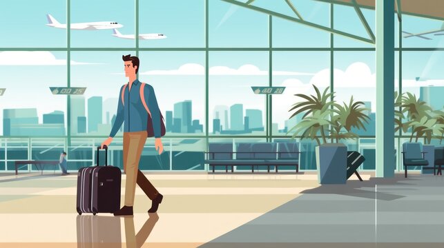 Man with a suitcase at the airport.  illustration in flat style . Travel concept. Travelling.