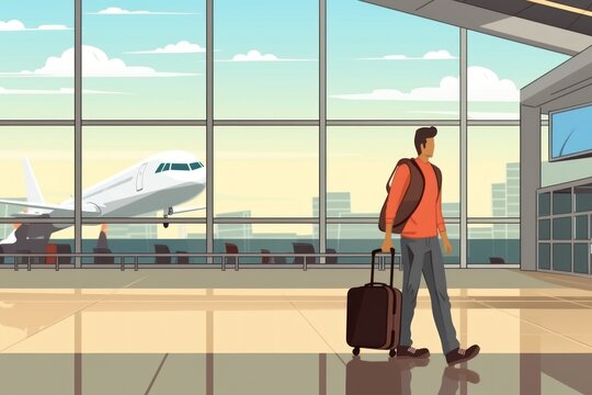 2d illustration of a man at the airport with a suitcase in his hands . Travel concept. Travelling.