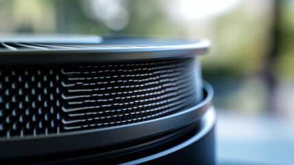 A closeup of the HEPA filter in an air purifier showing fine mesh layers that particles and pollutants.
