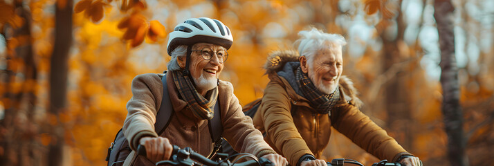 Active seniors on e-bike adventure in nature. - obrazy, fototapety, plakaty