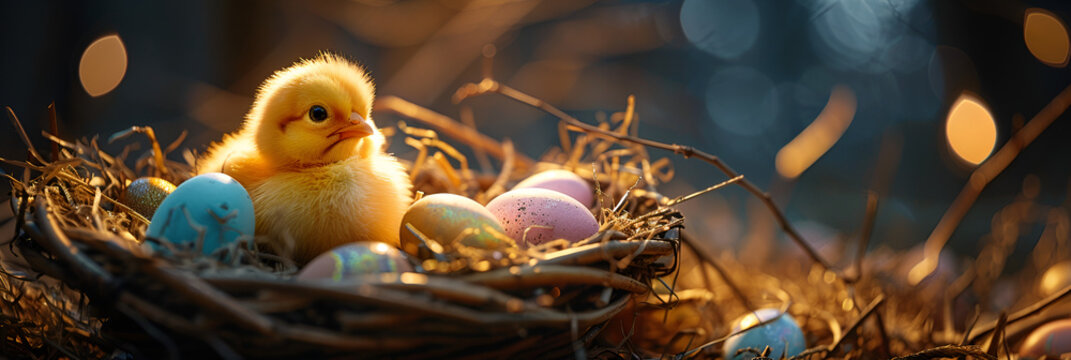 Cute baby chick next to flowers eggs Easter vibrant nest festive seasonal colorfully eggs for business promotions blurred background
