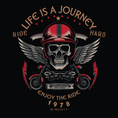 Life is a journey.Vintage Skull Riders with Wings and Pistons Emblem design t-shirts Vector Illustration 