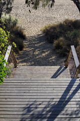 Wooden walkway leading down to sand on a beach