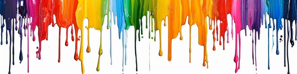 Colorful rainbow color acrylic paint flowing down over white background banner panoramaic, wide panoprama long, dripping colorful liquid. Generative AI