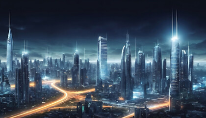 Modern city with sky scraper buildings and highways from above 3D imaginative rendering in night   