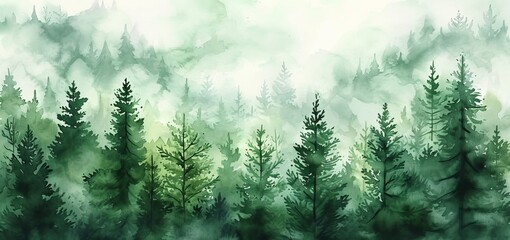 Watercolor painting of green forest woods trees, hand drawn fir and spruce trees, landscape .background illustration, Generative AI - obrazy, fototapety, plakaty