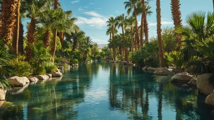 Foto op Plexiglas Serene Waterway Flanked by Tropical Vegetation in a Desert Oasis © leftmade