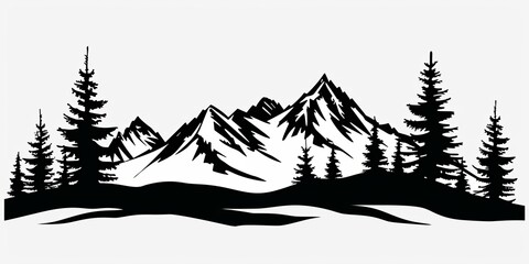 Black silhouette of mountains and fir trees camping landscape panorama illustration icon  for logo, isolated on white background, Generative AI