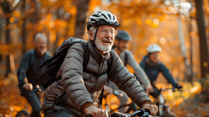 Active seniors on e-bike adventure in nature.