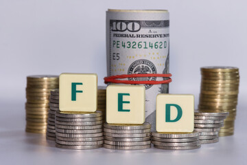 FED inscription on plastic blocks. FED is the abbreviation for the U.S. central banking system—the Federal Reserve, hundred dollar banknotes on the background.