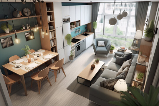 interior design for apartment with a small kitchen and living room