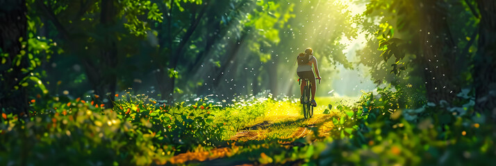 close-up of a person riding a bicycle on a sunlit path through a lush green forest - obrazy, fototapety, plakaty