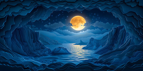 Cold blue wasteland landscape and moon visible from cave, Night scene in the ocean and high waves of water,
 - obrazy, fototapety, plakaty