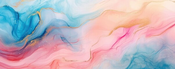 Fototapeta na wymiar Abstract watercolor paint background illustration web design. Soft blue pink pastel color waves and gold lines, with liquid fluid marbled paper texture banner texture. Generative AI