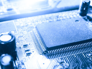Electronic circuit board. Abstract technological background. Digital chip integrated communication...
