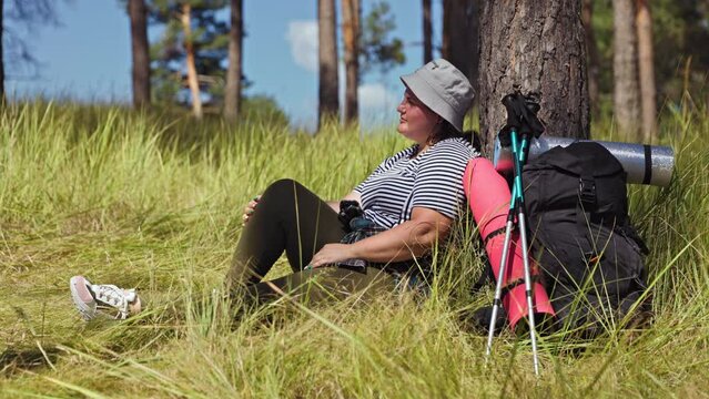 Woodland Comfort Plus Size Woman Relaxation Oasis During Hiking Adventure