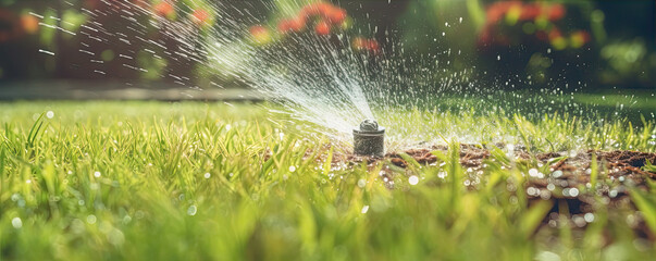 Watering the lawn at green park with sprinkler automatic device. - obrazy, fototapety, plakaty