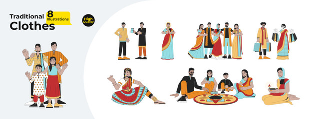 Multicultural diwali people line cartoon flat illustration bundle. Ethnic wear indian 2D lineart characters isolated on white background. Hindu deepawali festival vector color image collection