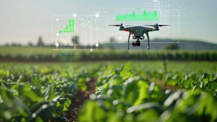 Drone hovering above a field, with a screen displaying vital statistics on plant growth rates