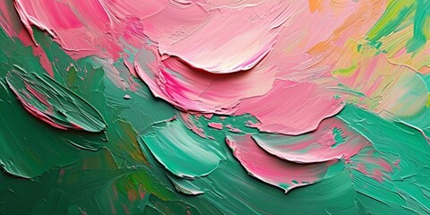 Abstract rough colorful green pink colors art painting texture background wallpaper, with oil or acrylic brushstroke waves, pallet knife paint on canvas, Generative AI - obrazy, fototapety, plakaty
