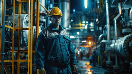 A petroleum refinery worker in professional workwear and equipment, award-winning photography
