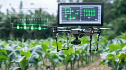 Drone hovering above a field, with a screen displaying vital statistics on plant growth rates