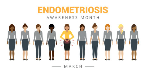 one in ten women has endometriosis illustration of different women one with abdominal pains vector illustration