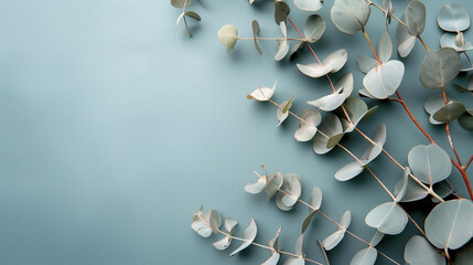 Eucalyptus branches on geen pastel background with copy space Top view