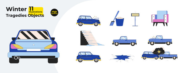 Weather wintertime 2D linear cartoon objects bundle. Traffic accident, car vehicles isolated line vector items white background. Icy steps, electric heater color flat spot illustration collection