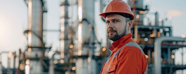 Half body photo of handsome male worker in professional clean brand new workwear on oil and gas refinery plant, bright daylight