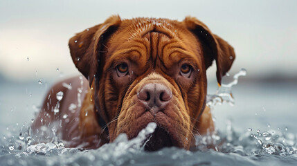Bordeaux Dog  French Mastiff  Playing in Water - obrazy, fototapety, plakaty