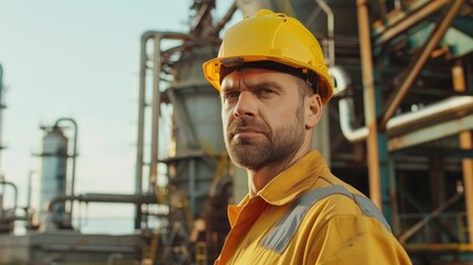 Half body photo of handsome male worker in professional clean brand new workwear on oil and gas refinery plant, bright daylight