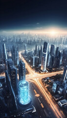 Modern city with sky scraper buildings and highways from above 3D imaginative rendering in night    - obrazy, fototapety, plakaty