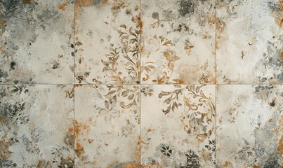 Old beige gray vintage shabby damask patchwork tiles stone concrete cement wall texture background banner, with textured floral flowers leaves pattern, Generative AI