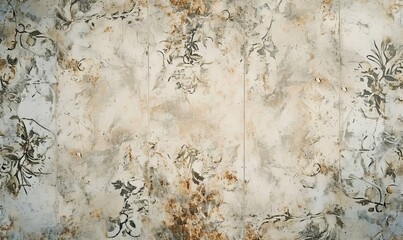 Old beige gray vintage shabby damask patchwork tiles stone concrete cement wall texture background banner, with textured floral flowers leaves pattern, Generative AI - obrazy, fototapety, plakaty