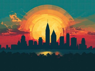 Silhouette of a city skyline against the backdrop of a colorful sunset