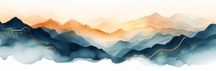 Soft pastel color watercolor abstract brush painting art of beautiful mountains, mountain peak minimalism landscape with golden lines, panorama banner, Generative AI - obrazy, fototapety, plakaty