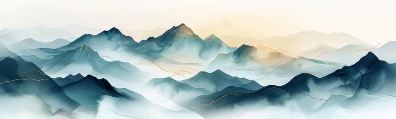 Soft pastel color watercolor abstract brush painting art of beautiful mountains, mountain peak minimalism landscape with golden lines, panorama banner, Generative AI - obrazy, fototapety, plakaty