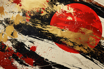 Japanese style poster featuring the Japanese flag in red, gold and black. Red, black and gold abstract background texture in the shape of an ocean wave.