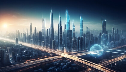 Modern city with sky scraper buildings and highways from above 3D imaginative rendering in night   