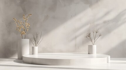 White room with realistic marble cylinder pedestal podium