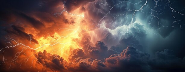 Storm warning. Weather background banner. Amazing lightning storm in orange light and dark clouds on sky.  Generative AI - obrazy, fototapety, plakaty