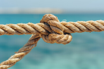 A tightly bound nautical rope knot shown in close-up with an ocean background. - obrazy, fototapety, plakaty