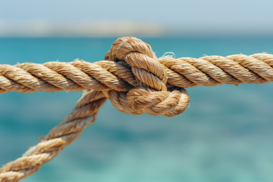 A tightly bound nautical rope knot shown in close-up with an ocean background.