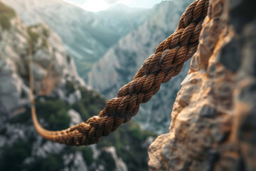An intricately braided climbing rope set against a rugged mountain backdrop, evoking a sense of adventure and exploration. - obrazy, fototapety, plakaty