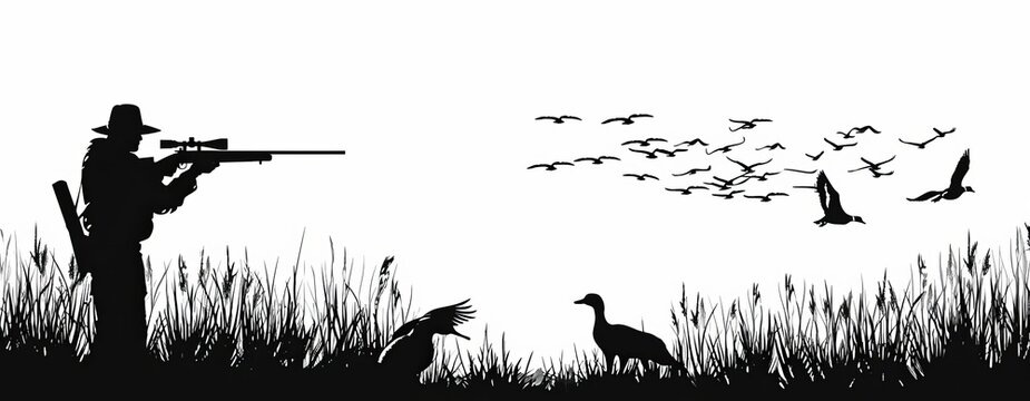 Wildlife Duck animals hunting hunt landscape panorama illustration. Black silhouette of hunter with rifle gun and dog in reed bog shoots at flying mallard ducks, isolated on white, Generative AI