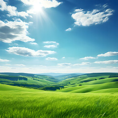 Obraz premium clean green landscape with grass and blue sky on a sunny day. photorealistic with copy space