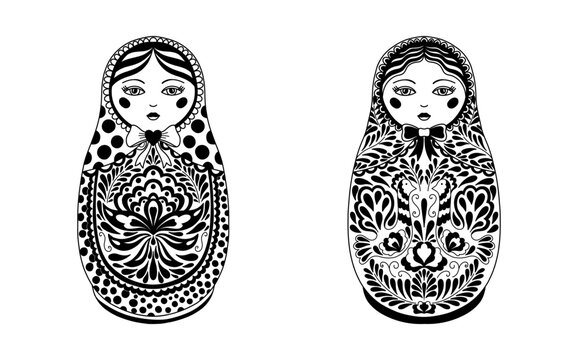 Traditional Russian nesting doll. Matryoshka Painted with floral patterns. Suitable doll for a coloring book, drawn in a linear style.