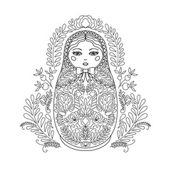 Traditional Russian nesting doll. Matryoshka Painted with floral patterns. Suitable doll for a coloring book, drawn in a linear style.